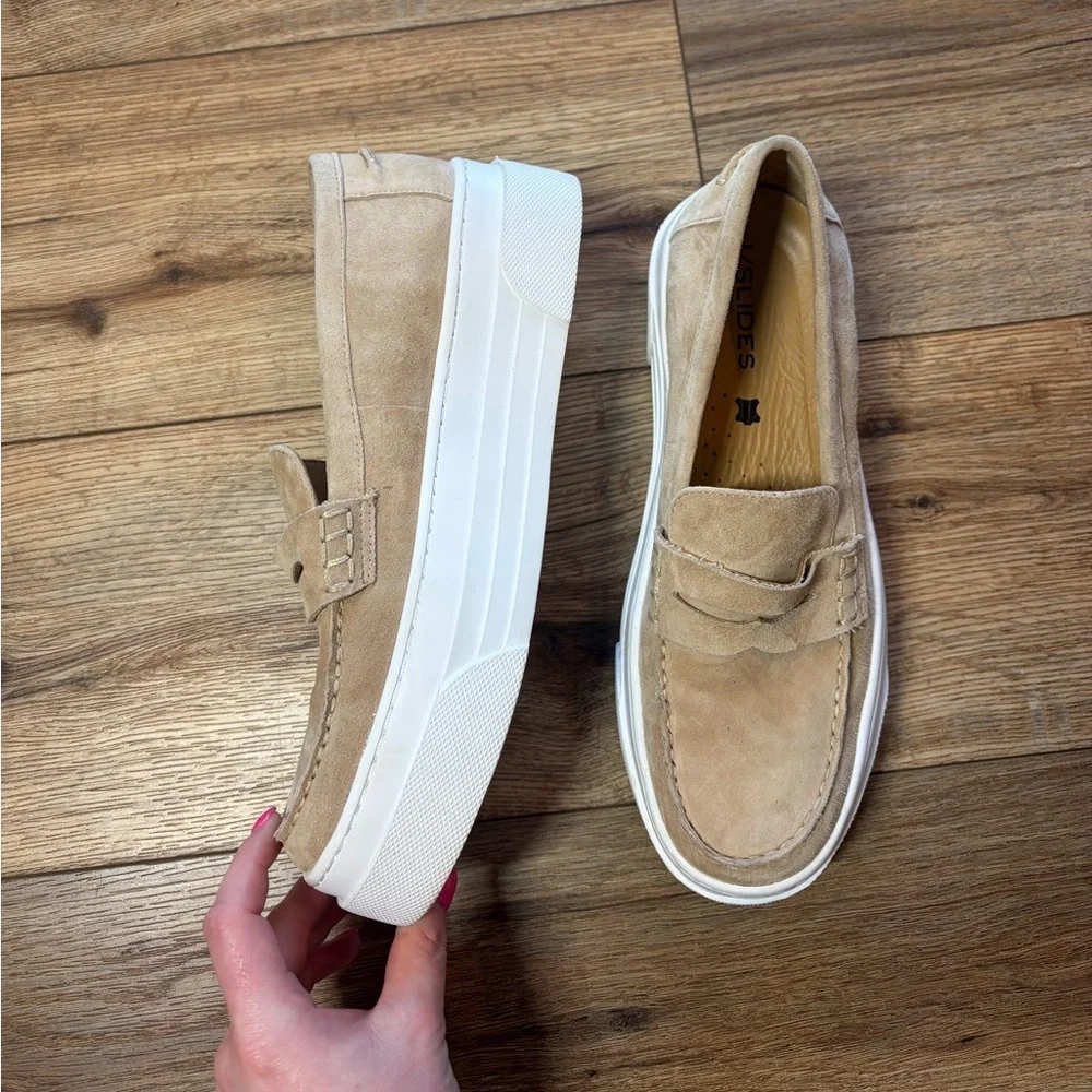 J/Slides AVA platform penny loafers in a light sand suede